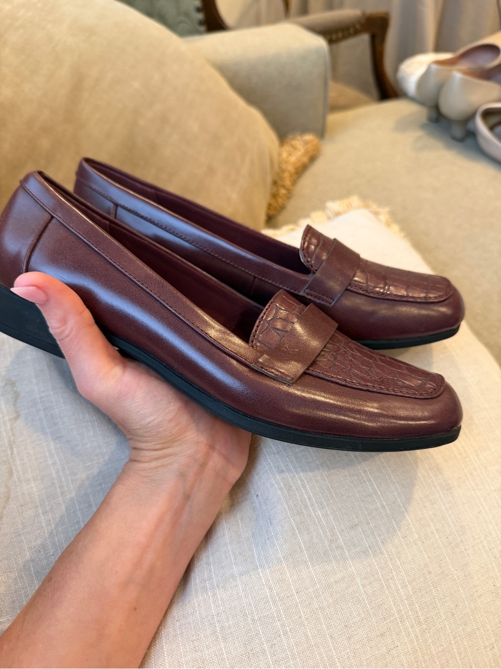 Anne Klein Burgundy Croc-Embossed Leather Loafers - Picture 3 of 6
